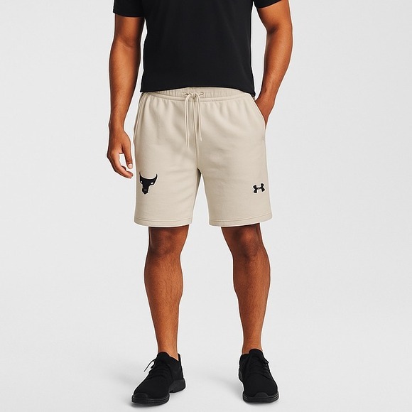 Under Armour Project Rock Fleece Shorts Mens S‎ Beige Bull Logo ColdGear Gym - Picture 1 of 9